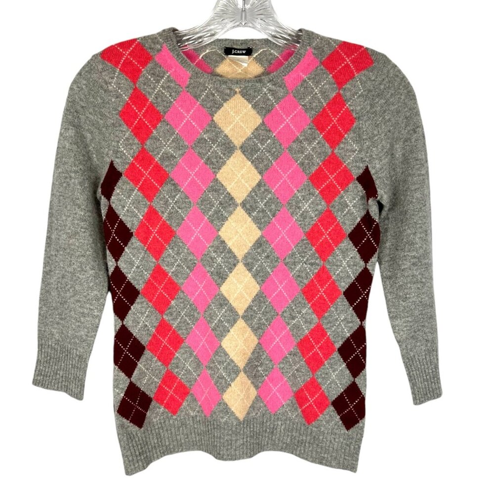 J Crew Womens Cashmere Argyle Crew Neck Sweater Gray Pink Red size XS
